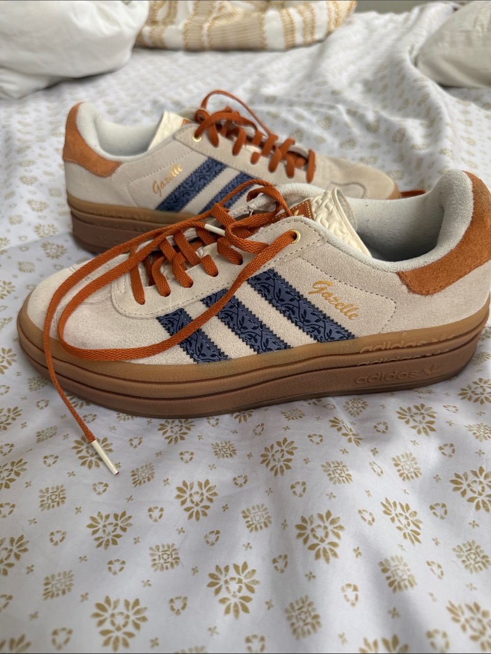 adidas Gazelle Low-Top Platform Sneakers in Cream, Blue & Brown